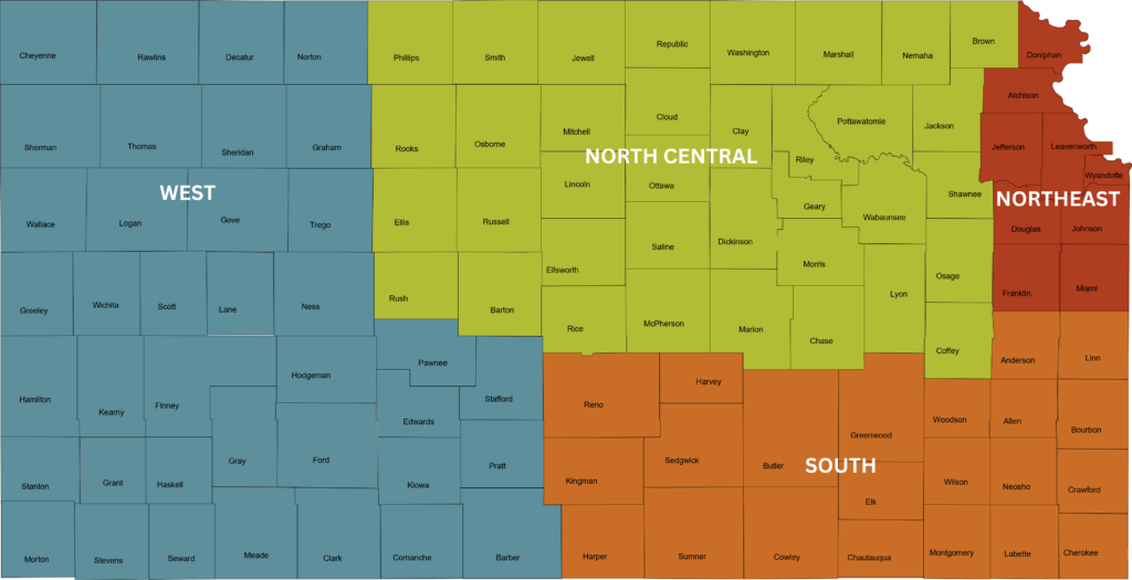 colored coded Kansas county service area map