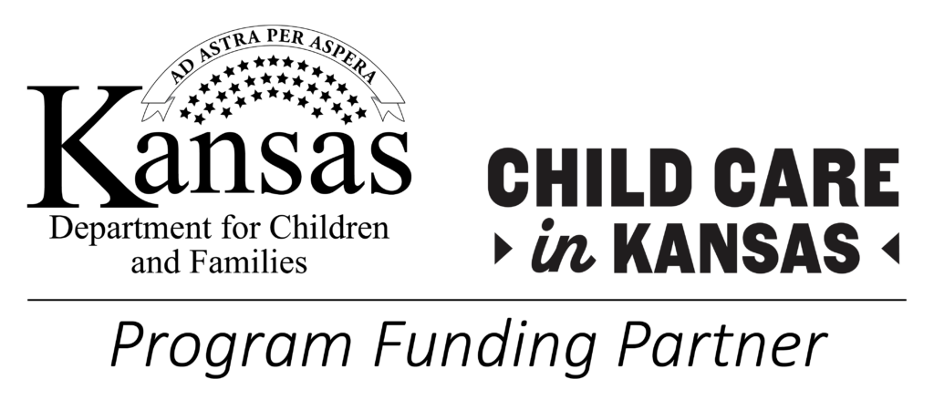 Logos for Kansas Department for Children and Families (DCF) and Child Care in Kansas, program funding partners supporting early childhood initiatives.